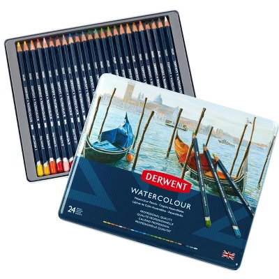 Derwent Watercolor Pencils With Tin, Assorted Colors, Set Of 24 1 Derwent Watercolor Pencils With Tin, Assorted Colors, Set Of 24
