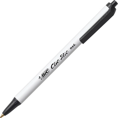 BIC Clic Stic Break-Resistant Retractable Ball Point Pen, 1 Mm Medium Tip, Black Ink/White Barrel, Pack Of 24 1 BIC Clic Stic Break-Resistant Retractable Ball Point Pen, 1 Mm Medium Tip, Black Ink/White Barrel, Pack Of 24